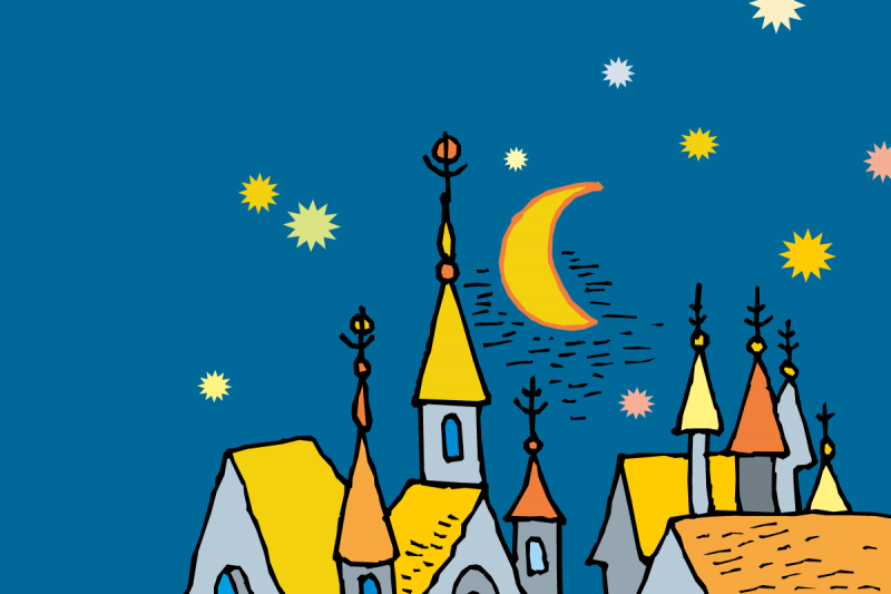 Illustration of a make believe castle on a blue night sky